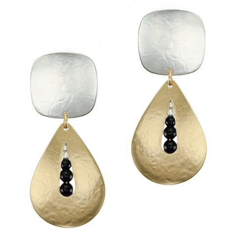 Square with Teardrop and Black Beads Clip or Post Earring