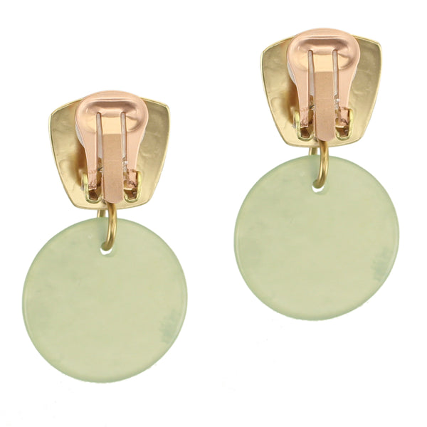 Tapered Square with Green Disc Clip Earrings