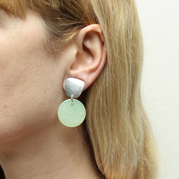 Tapered Square with Green Disc Clip Earrings