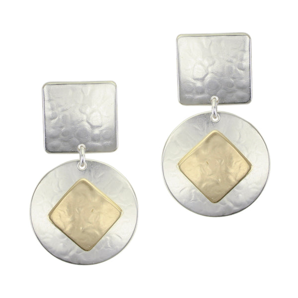 Medium Square with Disc and Tile Post or Clip Earring