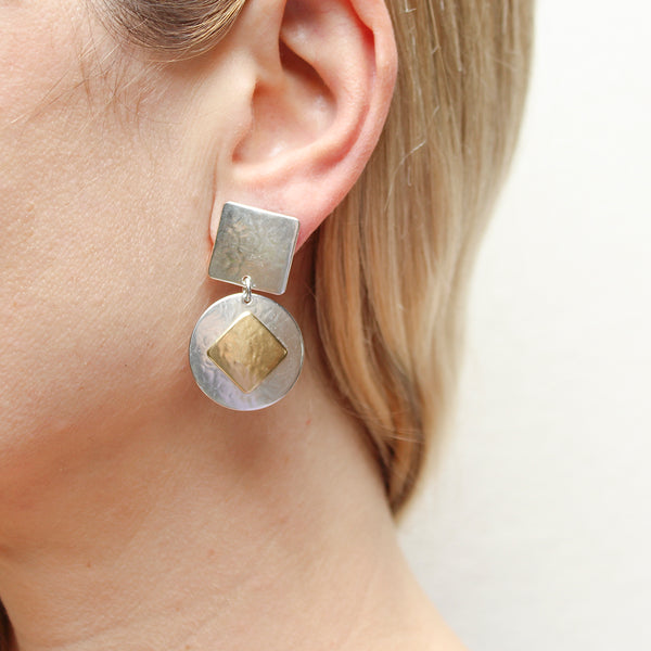 Medium Square with Disc and Tile Post or Clip Earring
