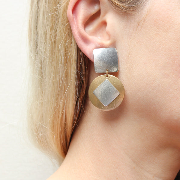 Large Square with Disc and Tile Post or Clip Earring