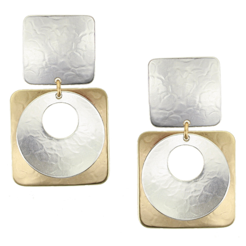Large Square with Disc and Square Post or Clip Earring