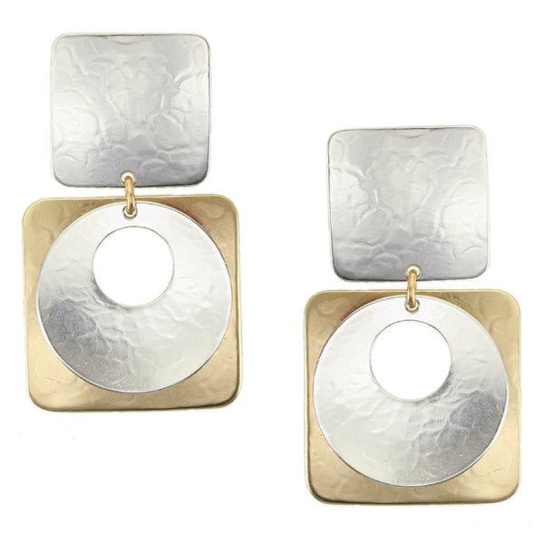 Large Square with Disc and Square Post or Clip Earring