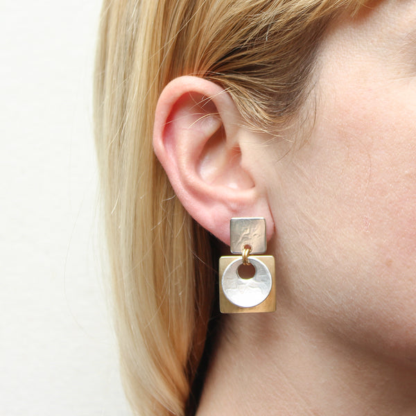 Medium Square with Disc and Square Post or Clip Earring
