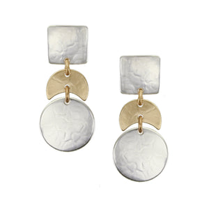 Small Square with Crescent and Disc Post or Clip Earring