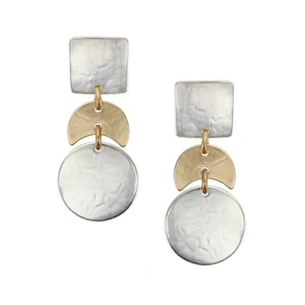 Small Square with Crescent and Disc Post or Clip Earring