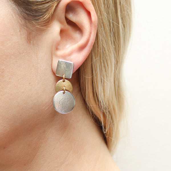 Small Square with Crescent and Disc Post or Clip Earring