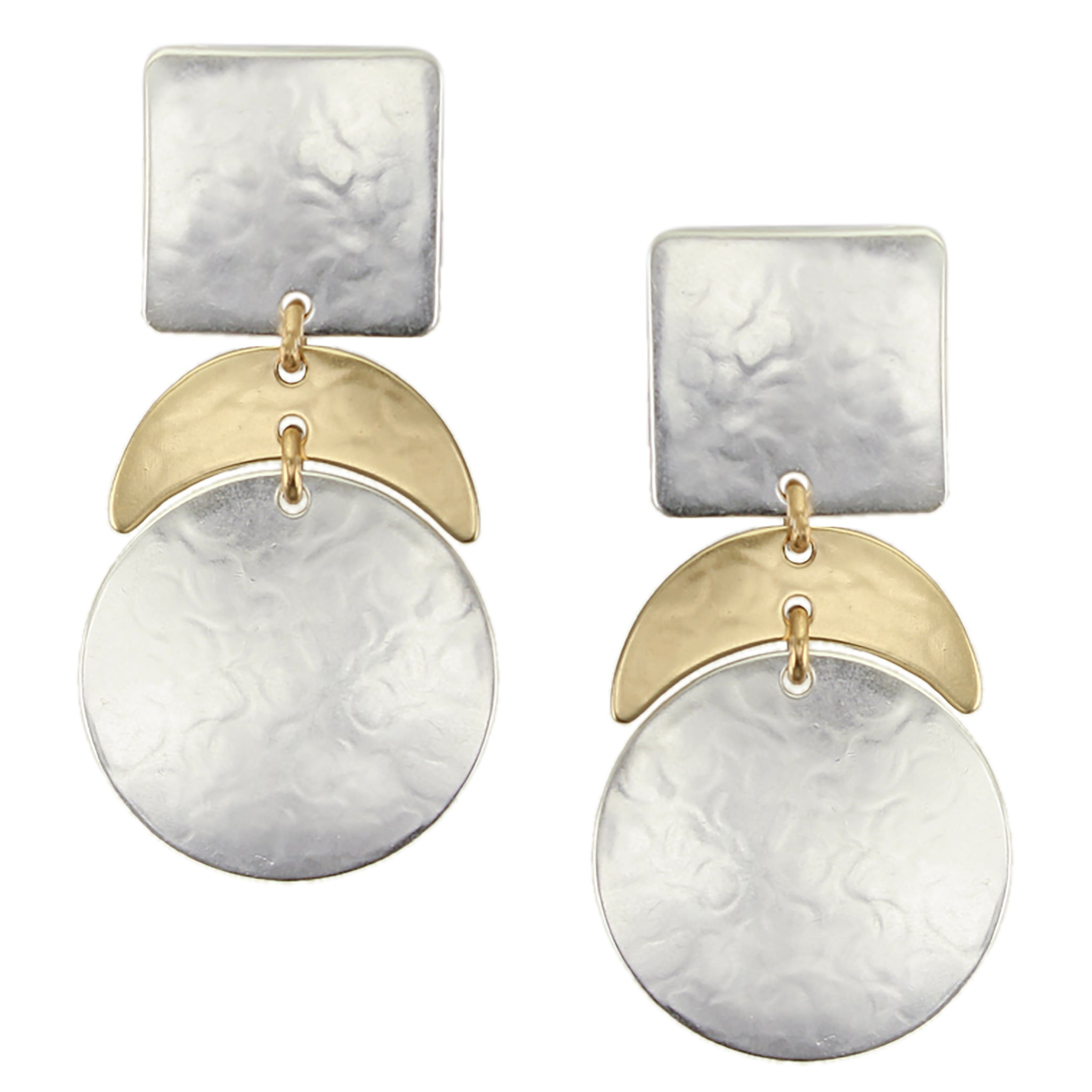 Medium Square with Crescent and Disc Post or Clip Earring