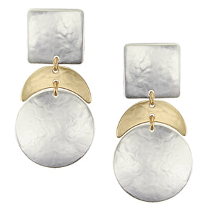 Medium Square with Crescent and Disc Post or Clip Earring