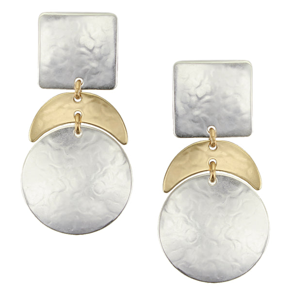 Medium Square with Crescent and Disc Post or Clip Earring