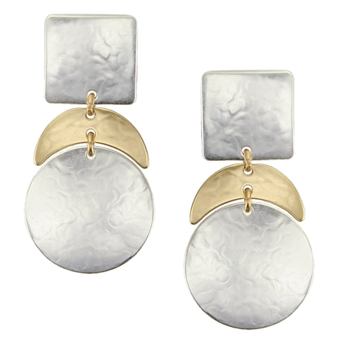 Medium Square with Crescent and Disc Post or Clip Earring