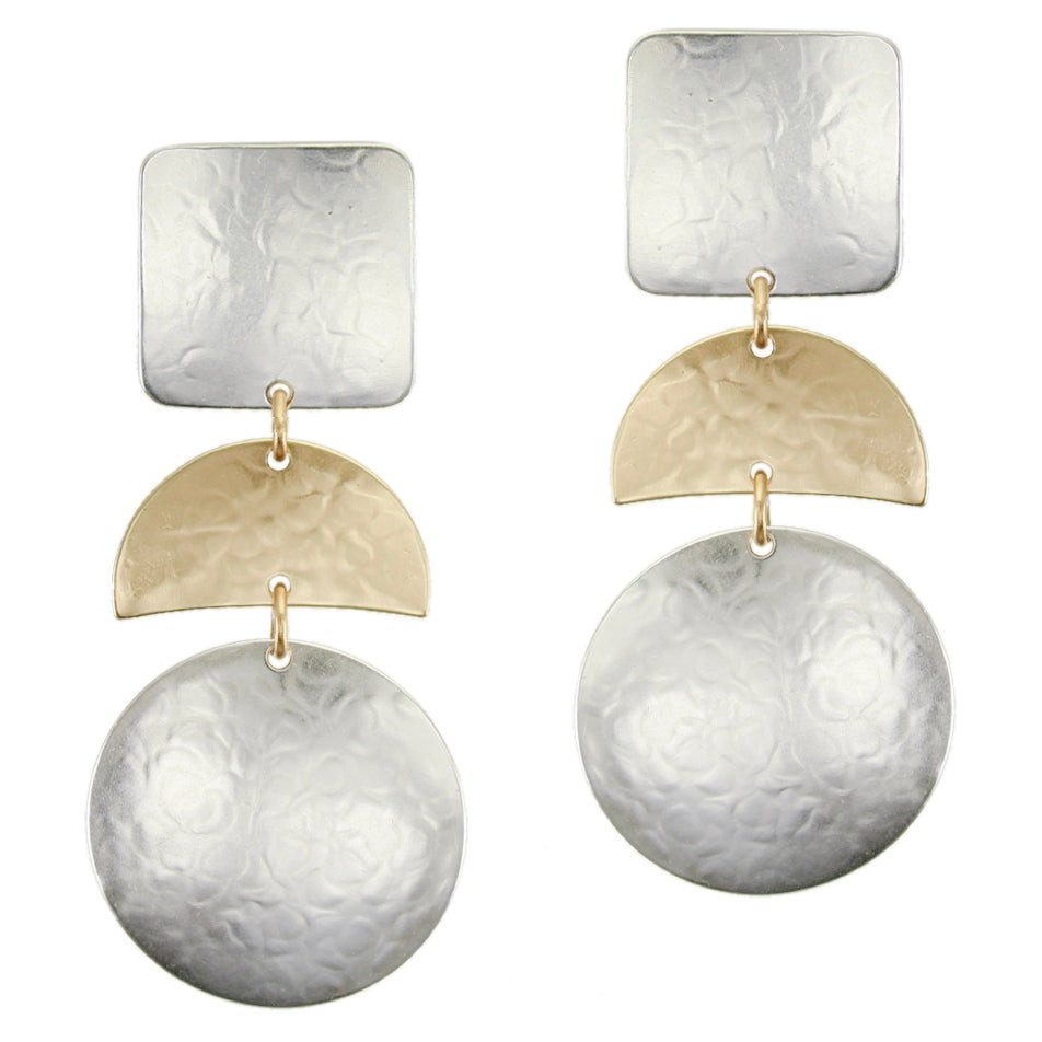Large Square with Crescent and Disc Post or Clip Earring