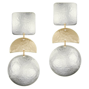 Large Square with Crescent and Disc Post or Clip Earring