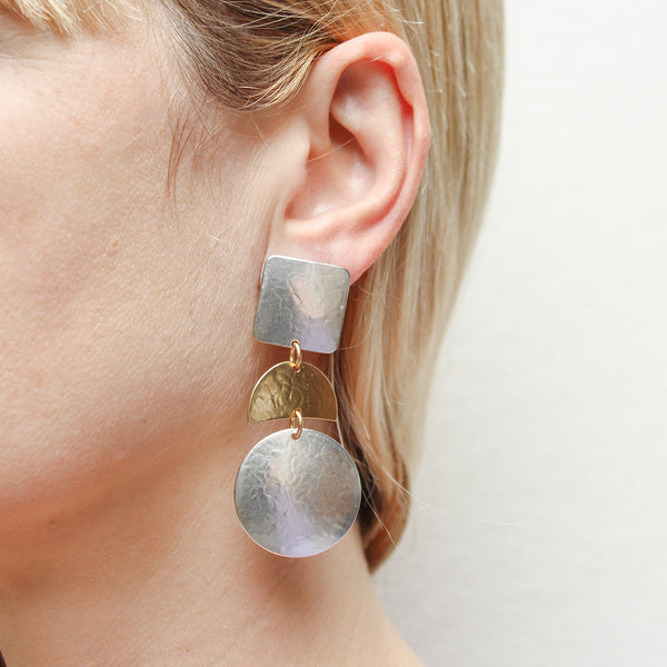 Large Square with Crescent and Disc Post or Clip Earring