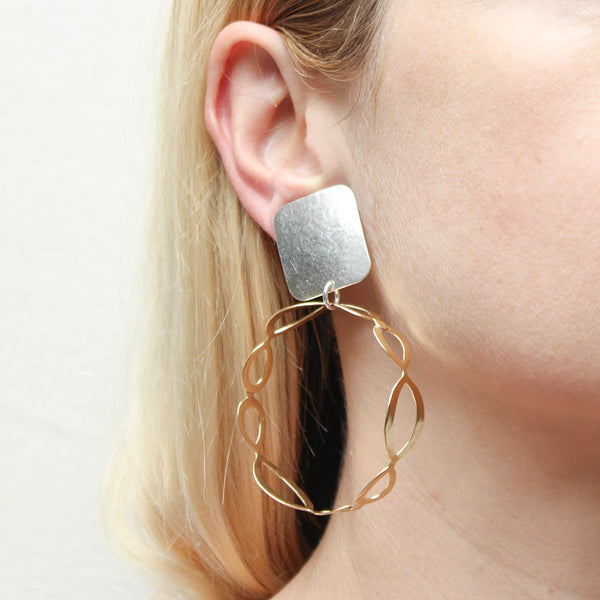 Rectangle with Large Oval Lattice Hoop Post or Clip Earring