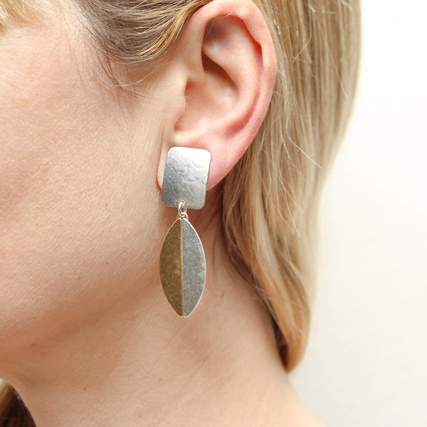 Rectangle with Half and Half Thin Oval Post or Clip Earring
