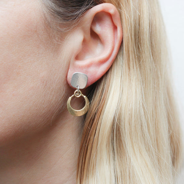 Square with Small Crescent with Rings Post Earrings