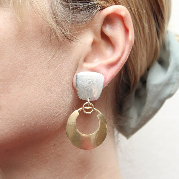 Tapered Square with Crescent and Rings Post or Clip Earring