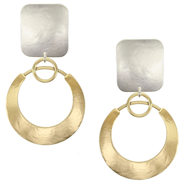 Large Rectangle with Crescent and Rings Post or Clip Earring