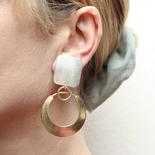 Large Rectangle with Crescent and Rings Post or Clip Earring