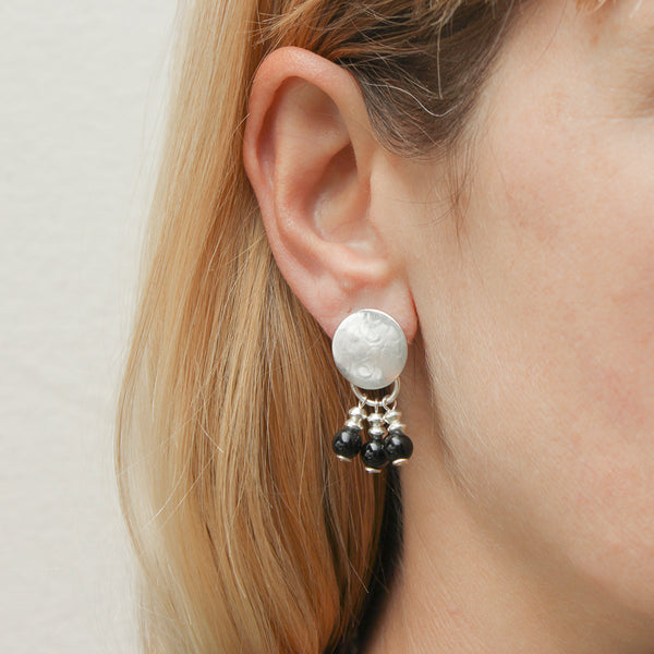 Small Disc with Black Beads Post or Clip Earrings