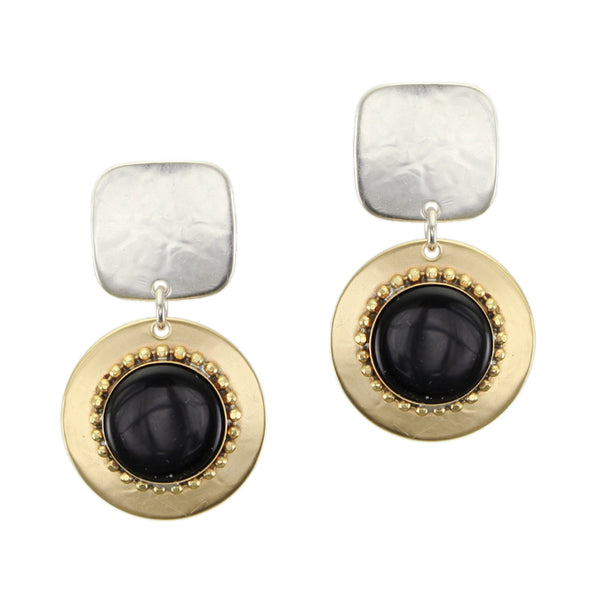 Medium Black Disc Drop Post or Clip Earrings