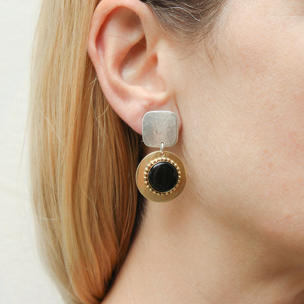 Medium Black Disc Drop Post or Clip Earrings