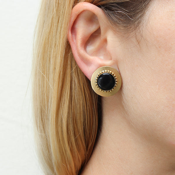 Medium Black Disc Button Post or Clip Earrings