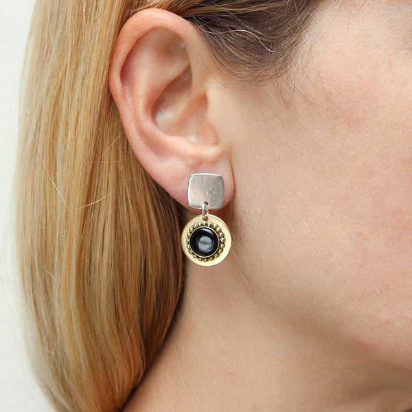 Medium Black Disc Drop Post Earrings