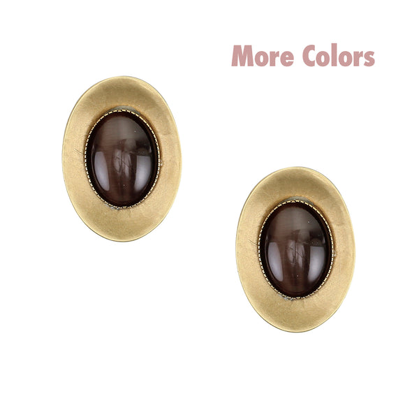 Dished Oval with Brown Tigers Eye Clip or Post Earring