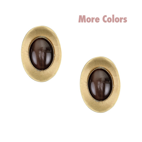 Dished Oval with Brown Tigers Eye Clip or Post Earring