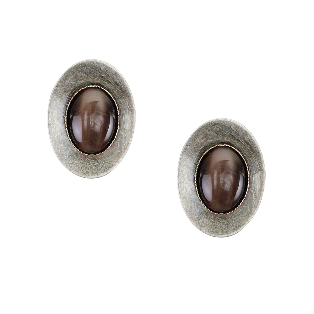 Dished Oval with Brown Tigers Eye Clip or Post Earring