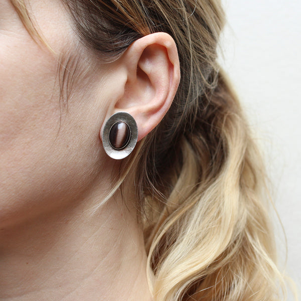 Dished Oval with Brown Tigers Eye Clip or Post Earring