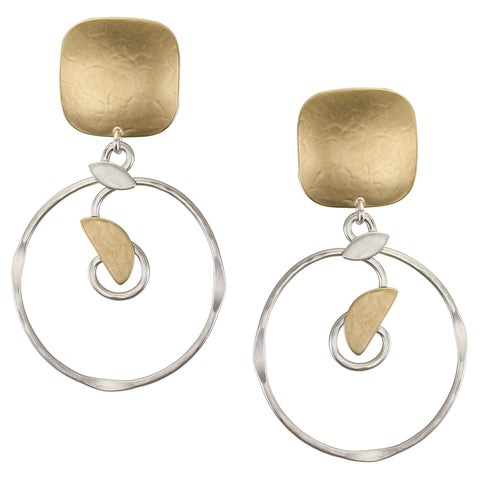 Large Square with Hammered Spiral Ring and Leaves Clip Earring