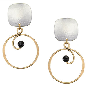 Square with Spiral and Bead Clip or Post Earring