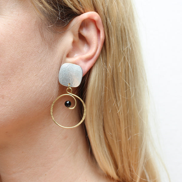 Square with Spiral and Bead Clip or Post Earring
