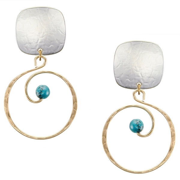 Square with Spiral and Bead Clip or Post Earring