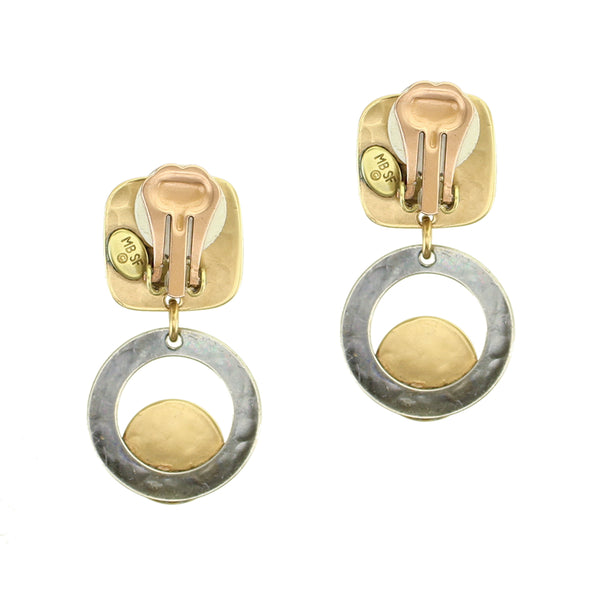 Small Square with a Ring and Layered Discs Clip Earring