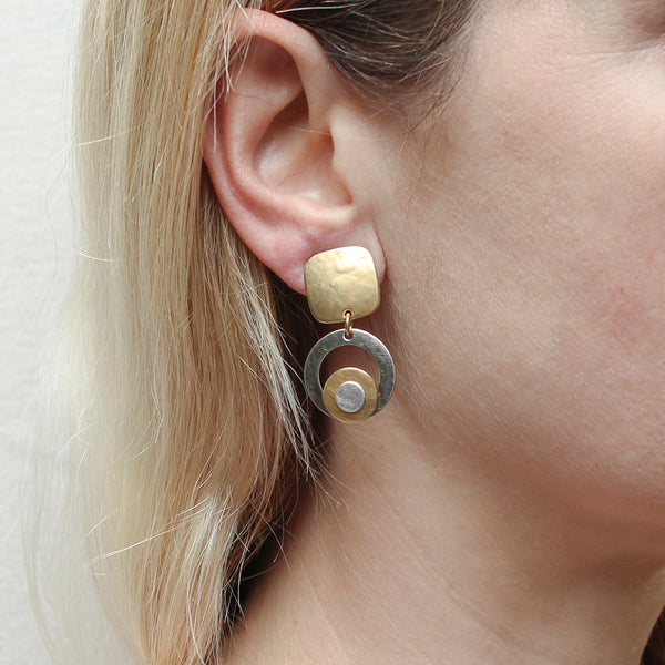 Small Square with a Ring and Layered Discs Clip Earring