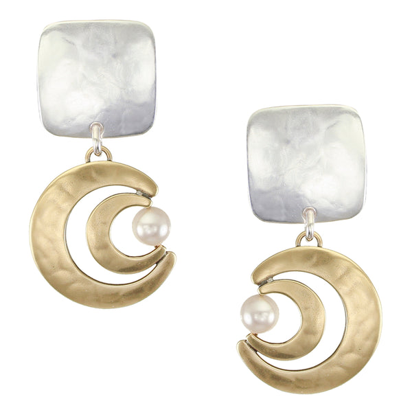 Square with Graduated Crescents and Pearl Clip or Post Earring
