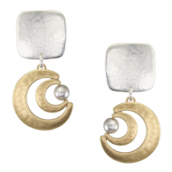 Square with Graduated Crescents and Pearl Clip or Post Earring