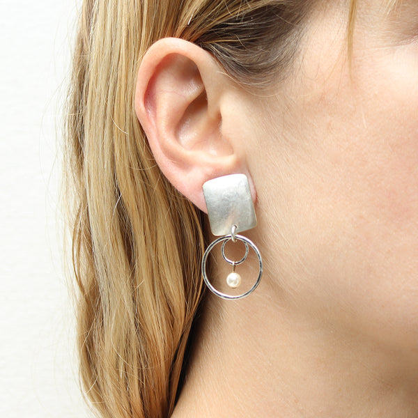 Rectangle with Rings and Small Pearl Clip Earring