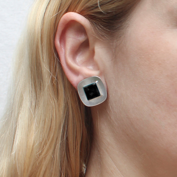 Medium Rounded Square with Black Clip or Post Earring