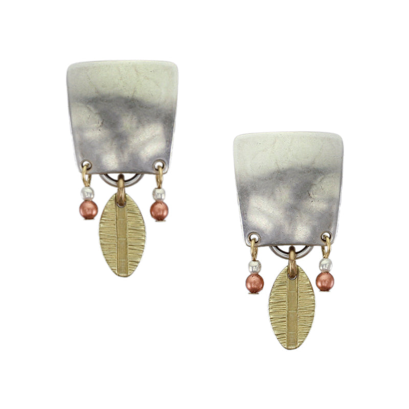 Tapered Square with Beads and Patterned Oval Post or Clip Earring