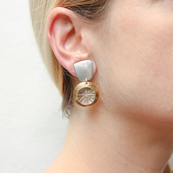 Tapered Square with Textured Discs Post or Clip Earring