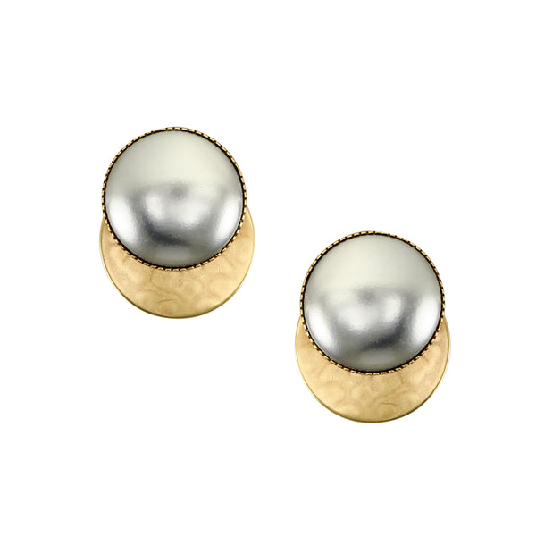 Grey Pearl Cabochon on Disc Post or Clip Earring