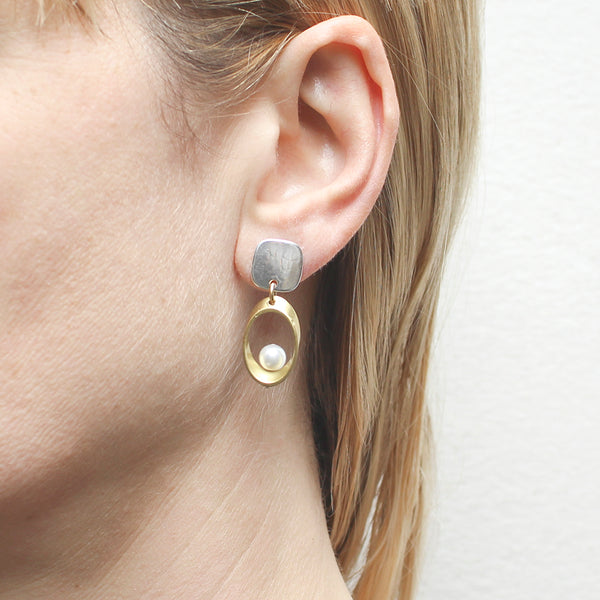 Square with Ring and Pearl Post Earring