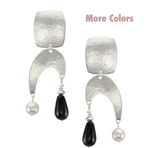 Rounded Rectangle and Arch with White Pearls and Black Bead Post or Clip Earring