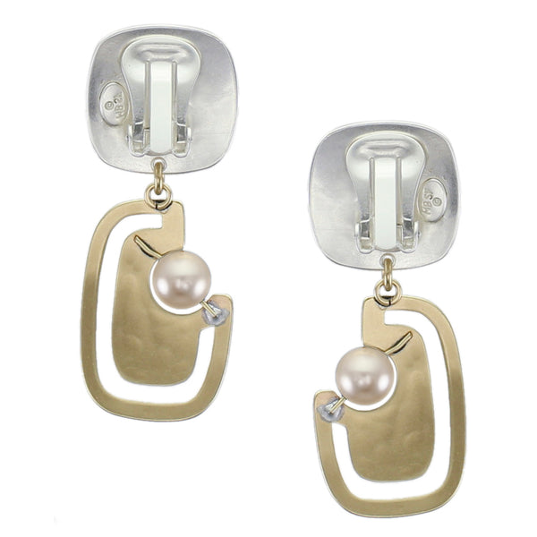 Rounded Square with Cutout Rounded Rectangle and Grey Pearl Post or Clip Earring